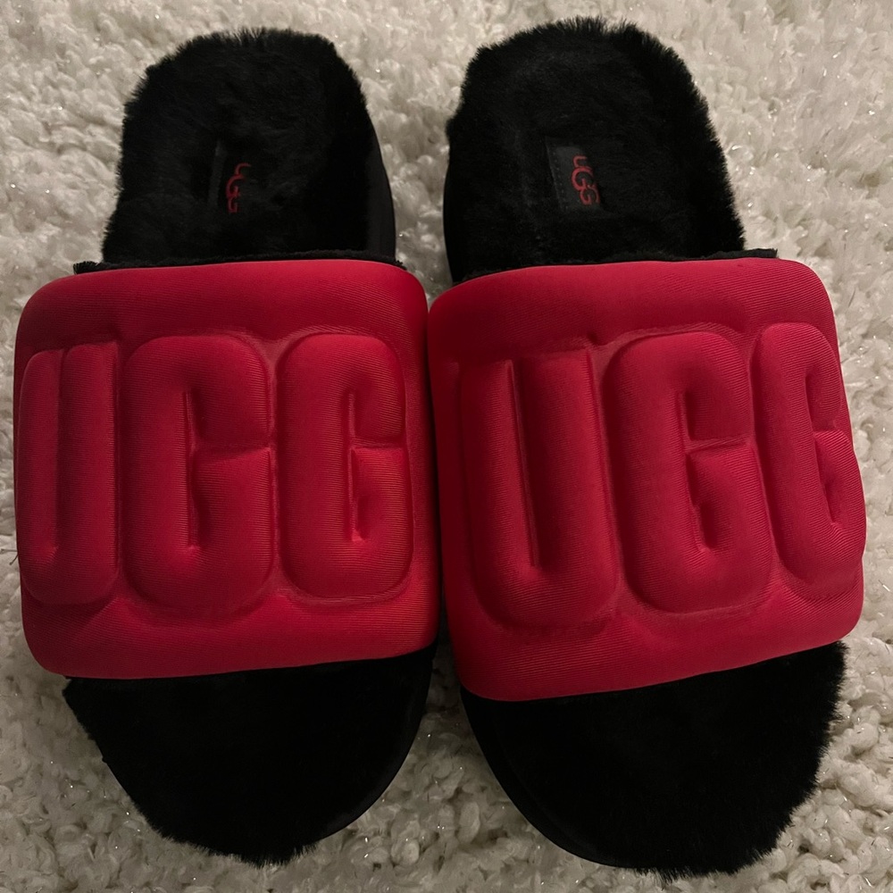 UGG Maxi Graphic Slide Sherpa Lined Puffer Platform Slipper Sandal Pink 1131992
